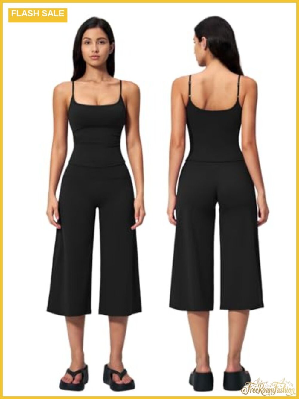 2 Piece Yoga Outfit Wide Leg Capri Pants Spaghetti Strap Crop Tank